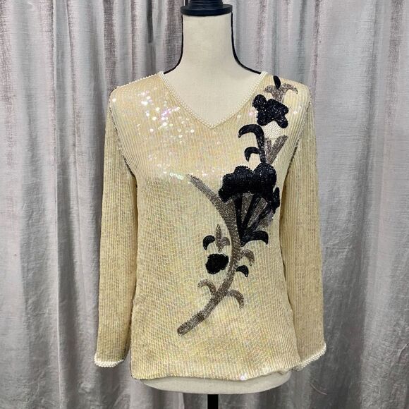 ⭐️ VINTAGE Sequin Pearl Trim Long Sleeve Top - Picture 1 of 10
